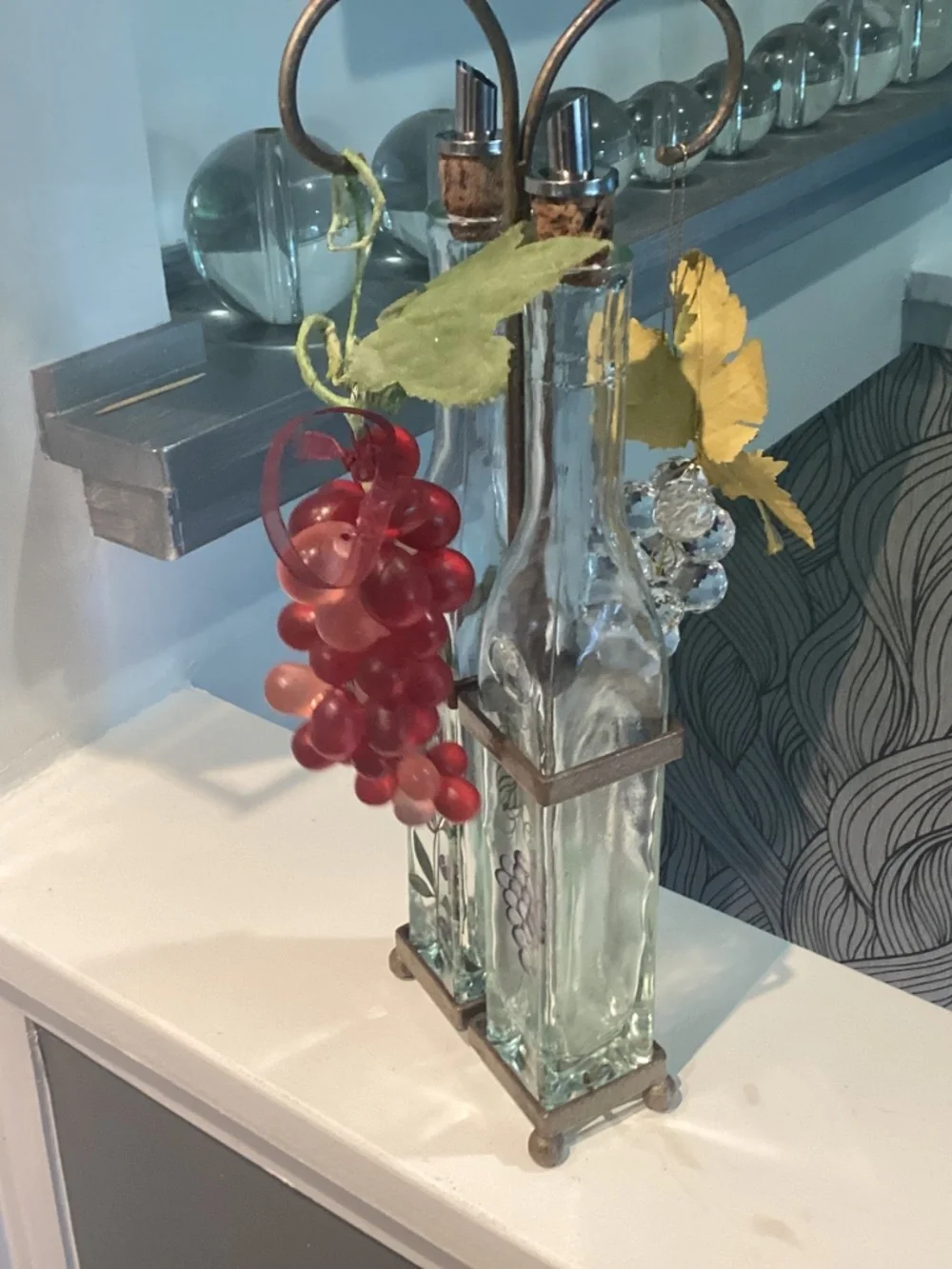 VINEGAR a& OIL CRUET SET TALL REAL GLASS GRAPES. 🍇